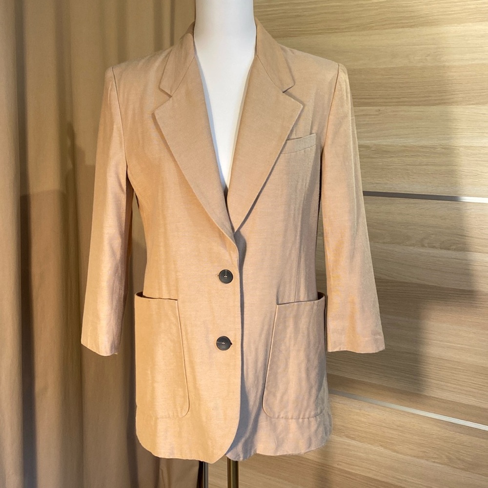 Mango MNG Beige Linen Blend Blazer Size 6 Tailored 3/4 Sleeve Jacket